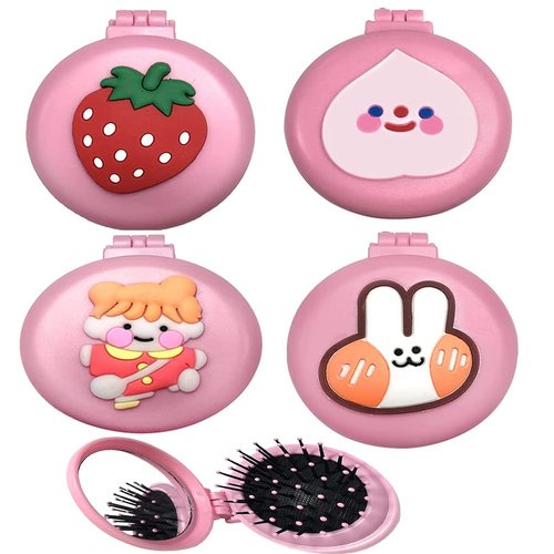 4Packs Mini Hair Brush Set with Mirror - Portable Foldable Travel Hair Brushes, Round Compact Massage Comb for Purse/Pocket (Pink)