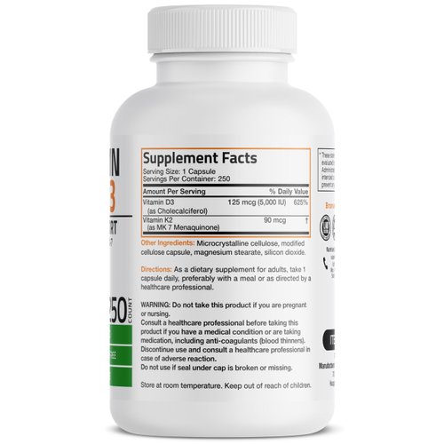 Bronson Vitamin K2 (MK7) with D3 Supplement Bone and Heart Health Non-GMO Formula 5000 IU Vitamin D3 & 90 mcg Vitamin K2 MK-7 Easy to Swallow Vitamin D & K Complex, 250 Capsules