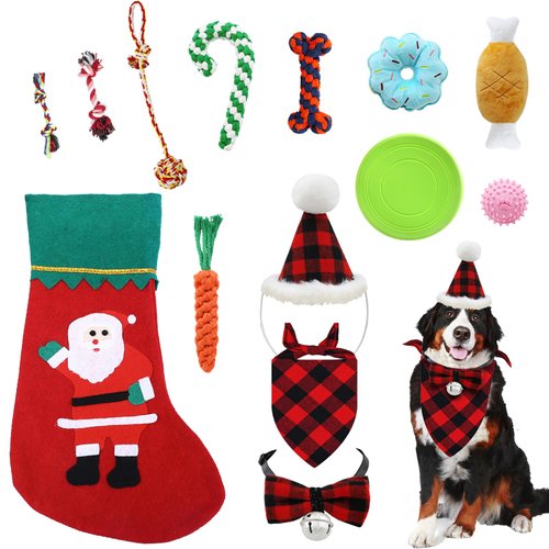 WGXX 14 Pack Dog Christmas Stocking Set Christmas Dog Bandana Hat Bow tie Set, Puppy Teething Chew Toys, Squeaky and Rope Frisbee Toys, Training Interaction and Dental Health for Dogs