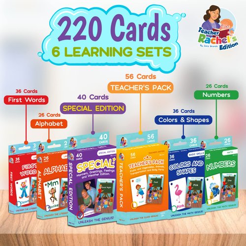 Teacher Rachel's Educational Flash Cards for Toddlers - Set Of 5 184 Cards Pre K-K Mega Flashcards Set with First Words, Alphabet, Colors, Shapes, Numbers, Manners, Greetings, Feelings, and Weather