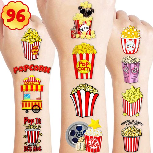 96 PCS Movie Night And Popcorn Corn Temporary Tattoo Stickers Themed Birthday Party Decorations Favors Supplies Decor Cute Cartoon Aesthetic Tattoos Sticker Gifts For Kids Boys Girls Prizes Carnival