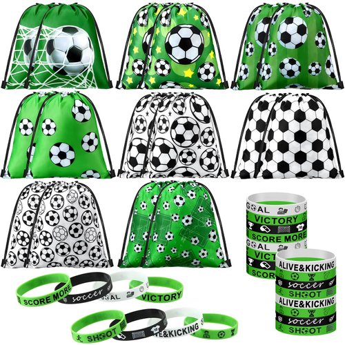 Sadnyy 32 Pcs Soccer Party Favors Set Include 16 Drawstring Bags 16 Silicone Wristband Goodie Bags Treat Bags Snack Bags for Birthday Party Supplies