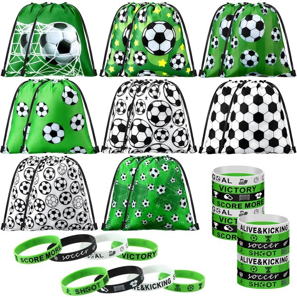 Sadnyy 32 Pcs Soccer Party Favors Set Include 16 Drawstring Bags 16 Silicone Wristband Goodie Bags Treat Bags Snack Bags for Birthday Party Supplies