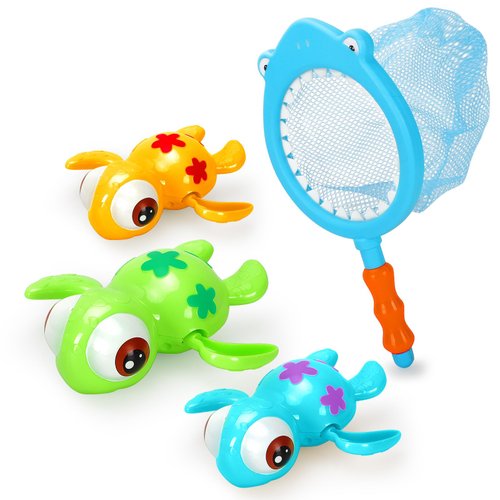 Bath Toys Set for Toddlers 1-3 Kids 4-8, 3Pcs Wind Up Swimming Turtle Water Toys with 1Pcs Shark Fishing Net, Floating Wind Up Turtle Bathtub Toys for Boys and Girls