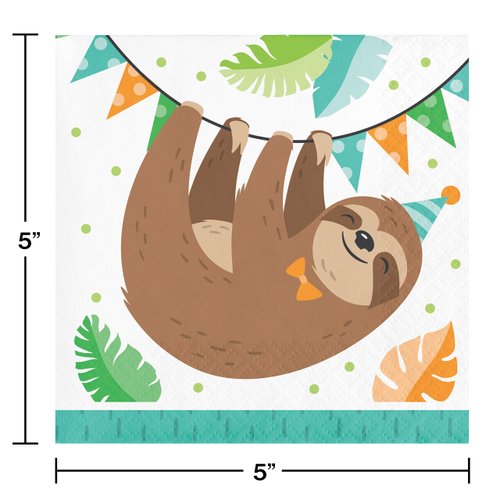 Creative Converting Sloth Party Beverage Napkins, 16 ct, Multicolor, 5"