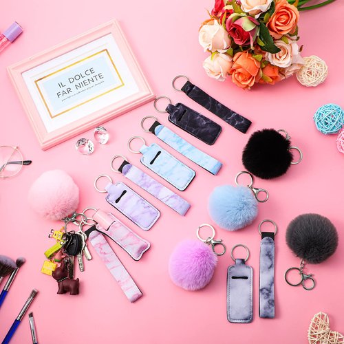 30 Pieces Marble Lipstick Holder Keychain Lip Balm Holder Set Lipstick Holder Includes Keychain Wristlet Lanyard, Marble Style Lipstick Holder and Ball Pom Pom Accessory (Square)