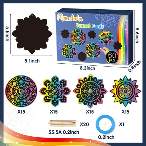 BeYumi 60Pcs Mandala Scratch Cards Gift Set for Kids DIY Magic Scratch Off Paper Art Hanging Ornaments Craft Kit School Classroom Activity Art Project Supplies Birthday Party Favors Home Decor