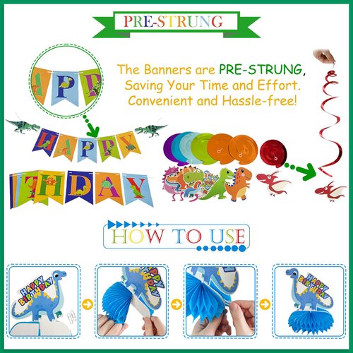 Dinosaur Birthday Party Supplies, Dinosaur Happy Birthday Letter Banner Hanging Swirl Table Honeycomb Centerpiece Decoration Kit for Boys Girls Kids Dino Themed Birthday Baby Shower, Vicycaty