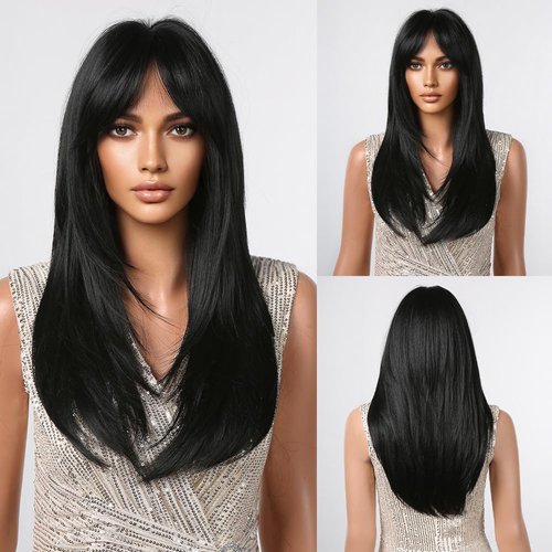 testar Black Wigs For Black Women Long Straight Layered Black Wigs With Curtain Bangs Synthetic Heat Resistant Wig Natural Looking Wigs For Daily Use
