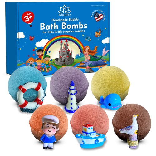 6 Natural Bath Bombs Set for Kids with Nautical Toys Inside | Ship, Fish, Sailor and Other Toys | Natural and Safe for Girls, Boys, Teens - Perfect for Gift - Handmade in USA