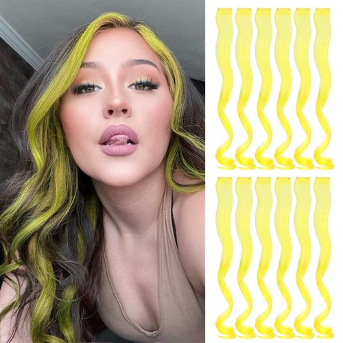 Wodelanle 12 PCS Colored Yellow Hair Extensions Clip in Hair Extensions Colorful 20 Inch Wavy Curly Synthetic Hairpiece Colored Hair Extensions for Kids Girls Women Party Highlights