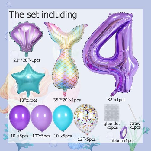 MSMANCY Mermaid Birthday Decorations for Girls, 25pcs Mermaid Party Supplies Set with Mermaid Tail, Shell, Star, Latex Balloons and Number 4 Balloon for 4th Mermaid Party Decorations (Number 4)