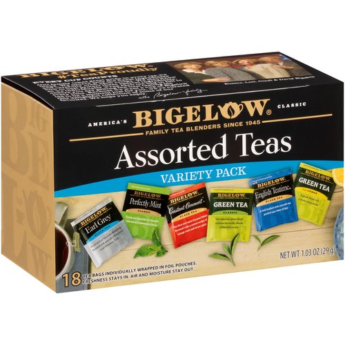 Bigelow Tea Assorted Black Tea and Green Teas Variety Pack, Caffeinated Tea with Black and Green Tea Varieties, 18 Count Box (Pack of 6), 108 Total Tea Bags