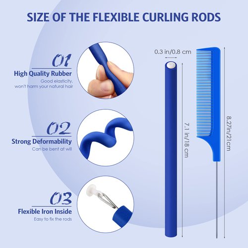 30 Pieces Flexible Curling Rods Twist Foam Hair Rollers Soft Foam No Heat Hair Rods Rollers and 1 Steel Pintail Comb Rat Tail Comb for Women Girls Long and Short Hair (Dark Blue, 7 x 0.3 Inch)