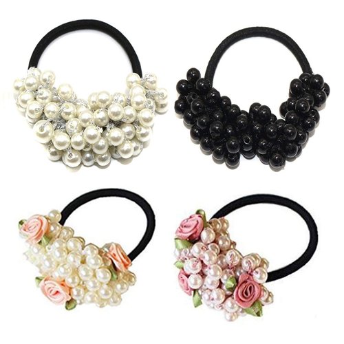 4PCS Fashion Women Imitation Pearl Elastic Hair Ties Beaded Hair Band Rope Scrunchie Ponytail Hol...