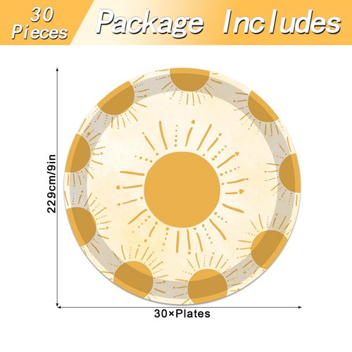 Poqirzan 30PCS Boho Sun Plates First Trip Around the Sun Birthday Decorations 9 Inch Boho Sun Plates Bohemian Hippie Sunshine Birthday Party Supplies Paper Food Trays Boho Sun Baby Shower Decorations