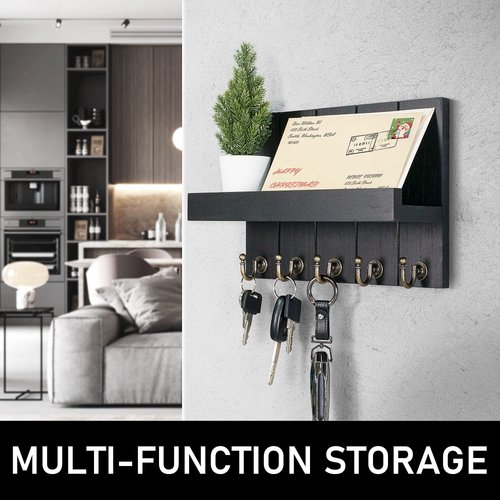 Rebee Vision Decorative Farmhouse Key Holder for Wall - Modern Key Racks for Wall Decor Living Room and Mail Organizer with Shelf for Apartment Essentials - Home Decor Aesthetic (Stylish Black)