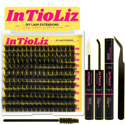 InTioLiz Lash Extension Kit Fluffy Lash Clusters Kit D Curl Thick Cluster Eyelashes Extensions 10-18mm DIY Individual Lashes Natural Eyelash Clusters Kit with Lash Bond and Seal Waterproof(100D-Kit)
