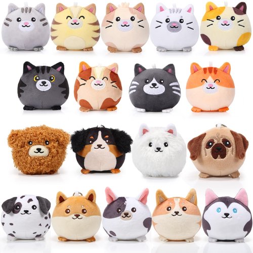 Halloscume 18 Pcs Mini Plush Cat Puppy Stuffed Animals Bulk 3.15 Inch Small Kitten Dog Animal Toys Keychains Set for Birthday Easter Egg Fillers School Prizes Party Gift Favors