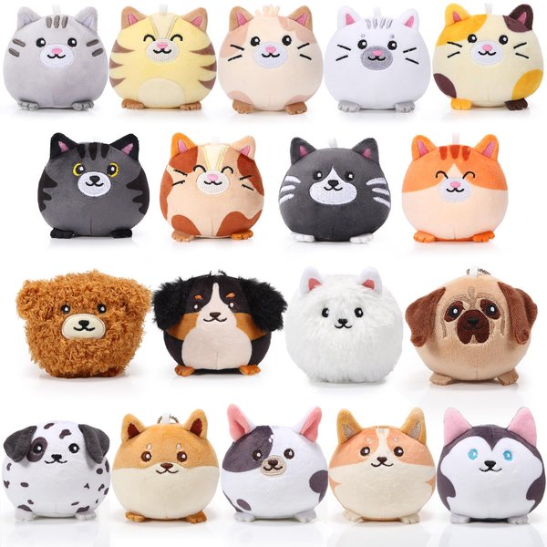 Halloscume 18 Pcs Mini Plush Cat Puppy Stuffed Animals Bulk 3.15 Inch Small Kitten Dog Animal Toys Keychains Set for Birthday Easter Egg Fillers School Prizes Party Gift Favors