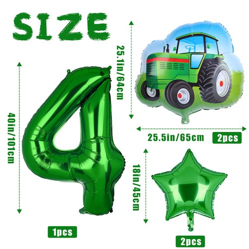 5Pcs Tractor Balloons, Green Tractor Birthday Number Mylar Foil Balloon Farm Theme 4th Birthday Party Supplies Decor (4th)