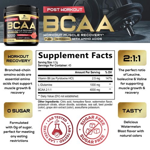 BCAA Powder, 4g BCAAs 2:1:1, 1g Glutamine, B6 - Pre Workout Drink Energy Boost & Post Workout Muscle Recovery Amino Acids Supplement for Men & Women - Keto, Sugar Free, Watermelon Flavor - 45 Servings