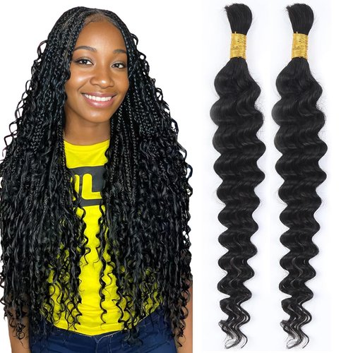 Human Hair for boho Braids 18 Inch 2 Bundles Deep Wave Bulk Human Braiding Hair 10A Brazilian Virgin Human Hair Extensions for Boho Braids Wet and Wavy Human Braiding Hair Black