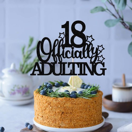 Officially Adulting 18 Cake Topper, Happy 18th Birthday Cake Decorations, 18th Cake Decor, Cheers to 18 Years Birthday Anniversary Party Supplies Black Glitter