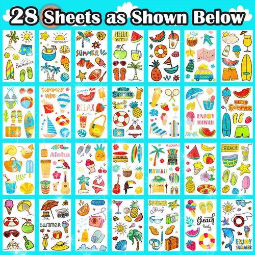 Partywind 28 Sheets Glitter Hawaiian Temporary Tattoos for Kids Party Supplies, Luau Tropical Pool Beach Party Decorations Favors, Waterproof Tattoo Stickers for Boys and Girls