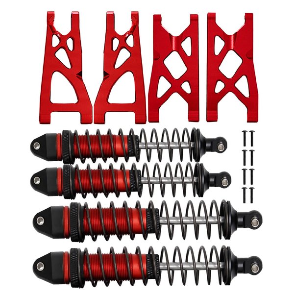 RCMYou RC Shocks & Suspension Arm Upgrades for 1/10 Arrma Vorteks 4x4 3S Blx,Granite/Senton 4x4 4WD Mega 550 & 3S Blx,4PCS Front Rear Full Alloy Big Bore Shocks & A Arms Hop Ups Set,Red