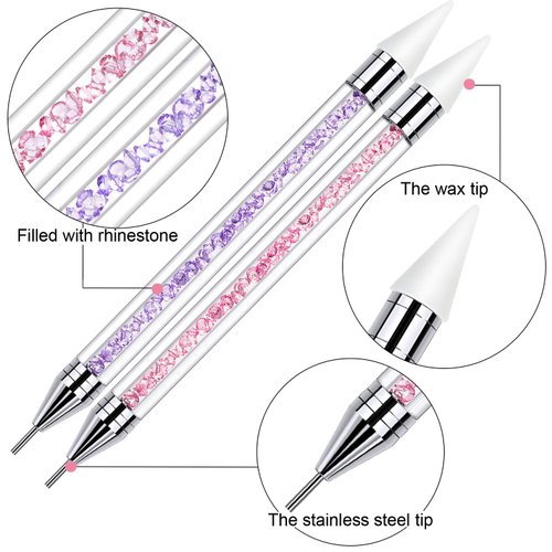 2 Pieces Rhinestone Picker Dotting Pen, Dual-ended Rhinestone Gems Crystals Studs Picker Wax Pencil Pen Crystal Beads Handle Manicure Nail Art DIY Decoration Tool (Pink Purple)