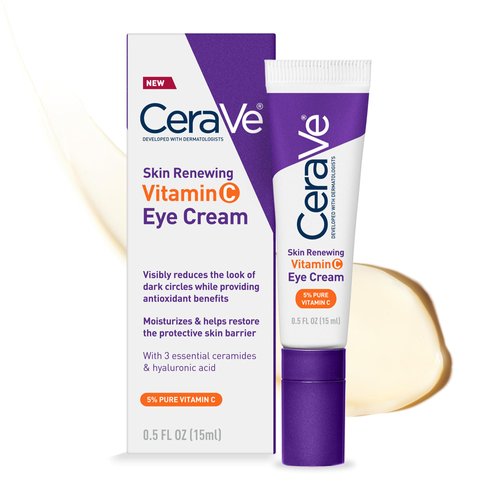 CeraVe Skin Renewing Vitamin C Eye Cream | Vitamin C, Hyaluronic Acid, Ceramides & Caffeine | Under Eye Cream For Dark Circles and Puffiness | Fragrance Free & Ophthalmologist Tested | 0.5 Fl. Oz