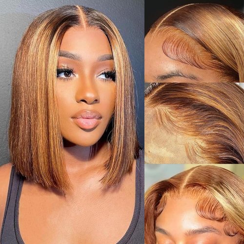 Highlight Bob Wig Human Hair Wear and Go Glueless 4/27 Highlight Bob Lace Front Wig Human Hair Pre Plucked Bob 13X4 HD Lace Frontal Wig With Baby Hair Ombre Brown Honey Blonde Bob Wigs For Black Women