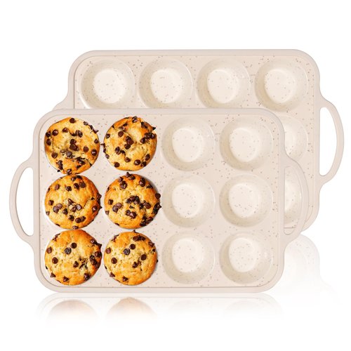 iArtker Silicone Muffin Pan - 12 Cups Muffin Baking Mold With Reinforced Stainless Steel Frame Inside, Non-stick Bakeware Durable Baking Mold Cupcake Molds,Dishwasher Safe,BPA Free