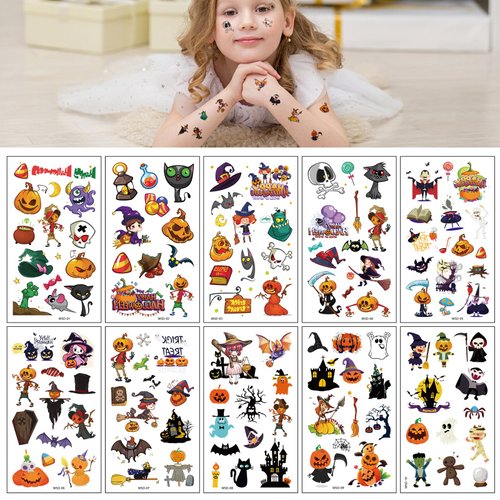 10 Sheets Halloween Kids Temporary Tattoo Stickers for Halloween Party Decorations, Temporary Tattoo for Goody Bags Fillers Trick Or Treat Gifts