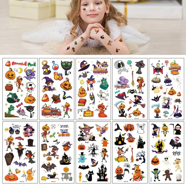 10 Sheets Halloween Kids Temporary Tattoo Stickers for Halloween Party Decorations, Temporary Tattoo for Goody Bags Fillers Trick Or Treat Gifts