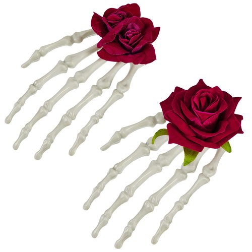 2 Pieces Halloween Skeleton Hands Hair Clips Rose Flower Skull Hair Barrettes Claws Hand Bone Hair Clip Halloween Gothic Hair Accessories for Women Girls Cosplay Horror Party Supplies