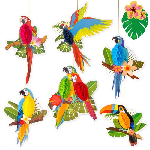 6 Pieces Hawaiian Tropical Parrot Honeycomb Decorations, Luau Party Decorations Paper Hanging Decorative Birds for Summer Rainforest Tiki Bar Beach Party Decoration Supplies Indoor Outdoor Decor