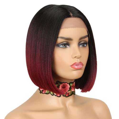 NOBLE Lace Front Wigs for Women Burgundy Red Bob Wigs for Women 10 inches Short Blunt Cut Ombre Bob Wigs Realistic Synthetic Wigs for Party and Daily Use