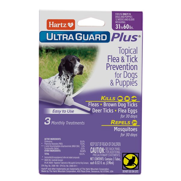 Hartz UltraGuard Plus Topical Flea & Tick Prevention for Dogs and Puppies - 31-60 lbs, 3 Monthly Treatments