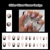 ANDGING French Tip Press on Nails Coffin Short Medium Black White Fake Nails with Glitter Silver Flower Design Square Glue on Nails for Women Acrylic False Nails with Glue Stick on Nails for Wedding