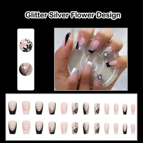ANDGING French Tip Press on Nails Coffin Short Medium Black White Fake Nails with Glitter Silver Flower Design Square Glue on Nails for Women Acrylic False Nails with Glue Stick on Nails for Wedding