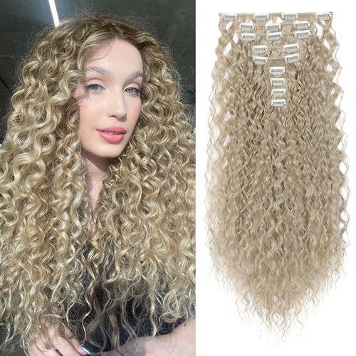 LONAI Hair Extension,9PCS 22" Curly Clip in Hair Extensions LN002 Long Soft Thick Synthetic Hairpieces for Women-Ash Blonde