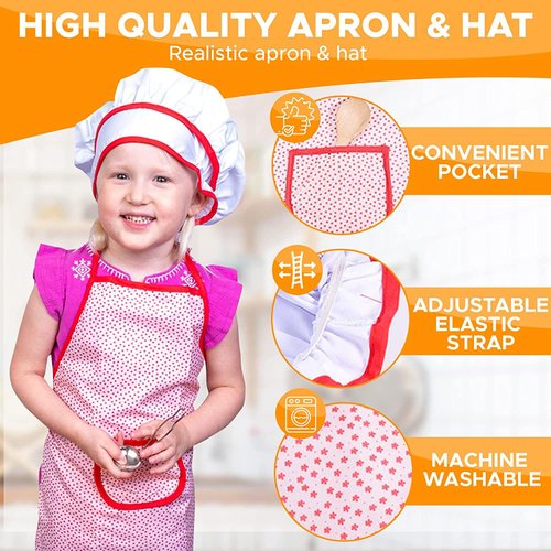 FUNERICA Kids Apron and Chef Hat Set for Girls and Boys. For Pretend Role Play, Cooking, Baking, Painting, and Gardening. Featuring Long Strap and Convenient Pocket in Bright Beautiful Red Color