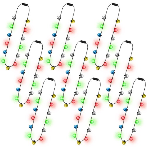 Light up Christmas Necklace, 9pcs Christmas Light Necklace with 13 Bells, Glow Christmas Jingle Bells Decorations, 3 Modes Xmas Necklaces Party Favors, Christmas Ugly Sweater Family Party Accessories