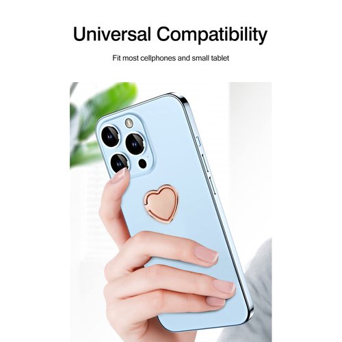 2 Packs Glossy Finish Love Heart Shaped Cell Phone Ring Holder Stand, 360 Degree Rotation Finger Ring Kickstand with Polished Metal Phone Grip (Rose Gold)