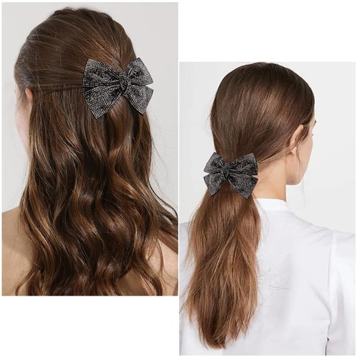 AHONEY 1Pack Black Hair Bow Rhinestone Hair Bows Clips for Women, Hair Bling Glitter Hair Clips Sparkly Rhinestone Barrettes for Women Girls Holiday Hair Accessories Christmas Gift