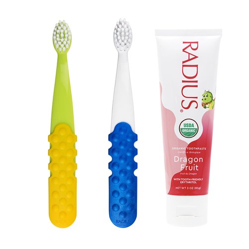 RADIUS Toddler Toothbrush and Toothpaste Bundle for Kids, 2 Pack Totz Plus Silky Soft Brush in White/Sapphire Blue and Green/Yellow and 1 Count Dragon Fruit Toothpaste, For Children 18 Months and Up