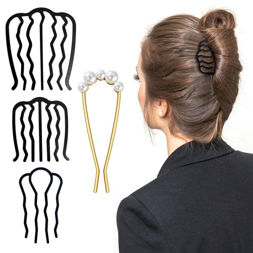 MUUIIGOOD 1 Pcs Pearls Hair Pins Golden and 3 Pcs Hair Side Combs Vintage Hair Fork Clip U Shape French Twist Hair Pins Pearl Hair Accessories Pearl Pins for All Styling Wedding Brides Women Girls