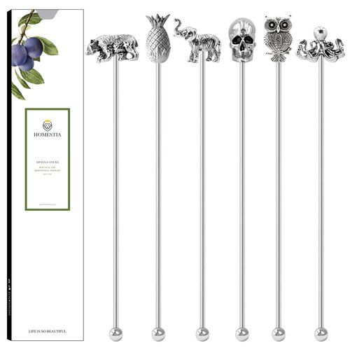 Homestia 6 Pieces Cocktail Stirrers for Drinks Reusable Coffee Stirrers, Vintage Decor Stirring Sticks Metal Stir Sticks for Coffee Bar, Stainless Steel Alcohol Stirrers Swizzle Sticks for Cocktails
